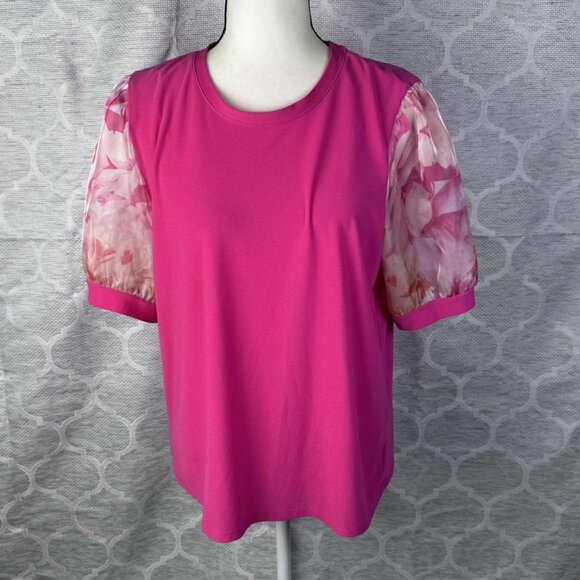 CeCe Women's Puff Sleeve Blouse Pink Floral Mesh Sleeve Size L - Picture 1 of 7